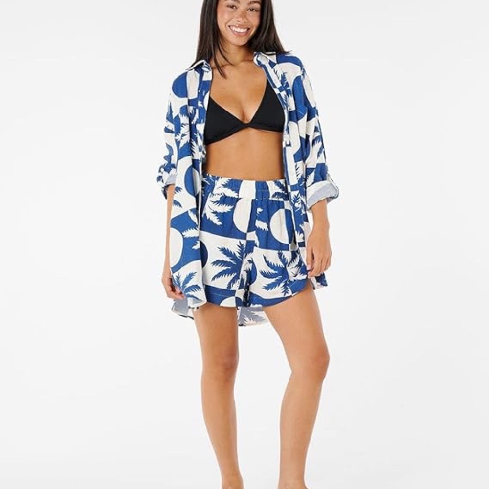 🌴☮️   NWT M Rip Curl Summer Sun Navy + White Print Bohemian Shorts  🌺  🏄🏼‍♀️